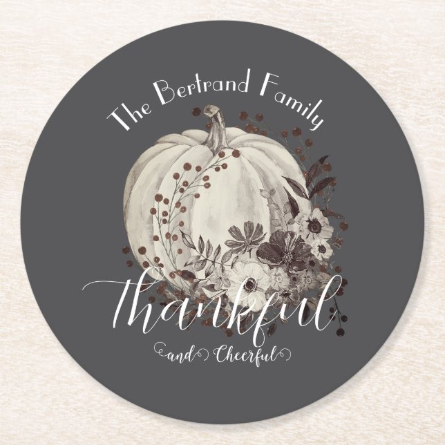 Whimsical Autumn Pumpkin Thanksgiving Monochrome Round Paper Coaster (Front)