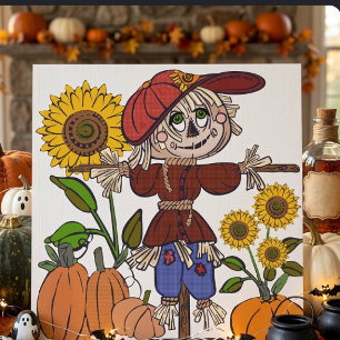 Whimsical Autumn Scarecrow And Sunflowers Holiday Card