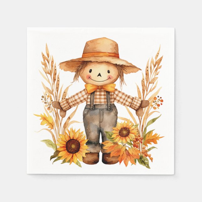 Whimsical Autumn Scarecrow, Sunflowers, Fall Leave Napkin (Front)