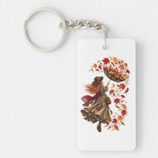 Whimsical Autumn Woman with Upside-Down Umbrella Keychain
