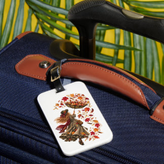 Whimsical Autumn Woman with Upside-Down Umbrella Luggage Tag