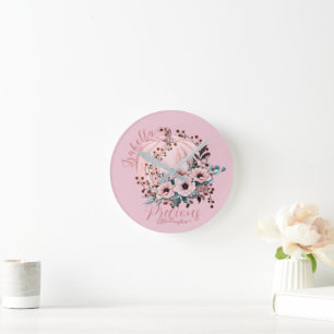 Whimsical Autumnal Pink Pumpkin Floral Round Clock