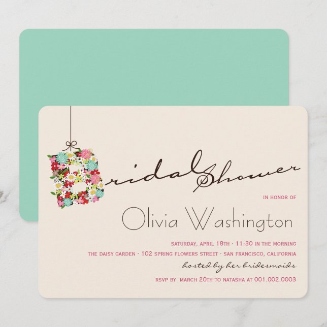 Whimsical B Spring Flowers Bridal Shower Invite (Front/Back)