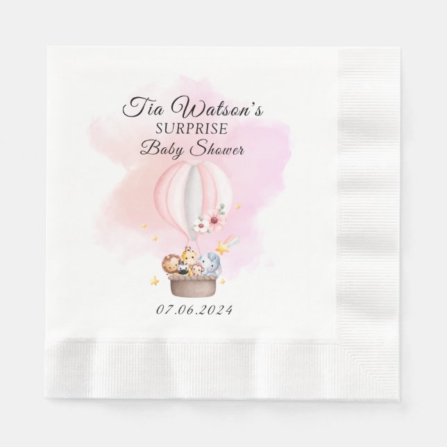 Whimsical Baby Animals in a Pink Hot Air Balloon  Napkin (Front)