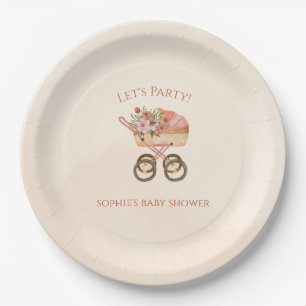 Whimsical Baby Carriage Floral Baby Shower Paper Plate