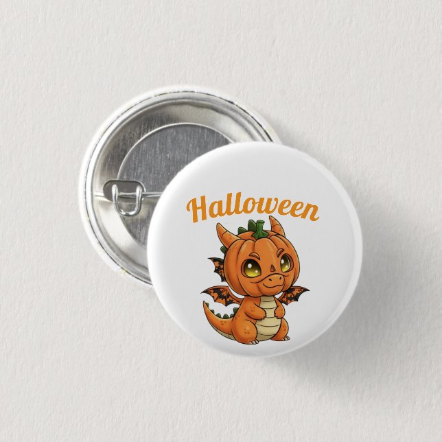 Whimsical Baby Dragon Pumpkin Halloween Button (Front & Back)