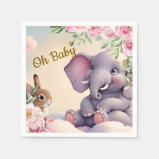 Whimsical Baby Elephant and Bunny Nursery Print Napkin