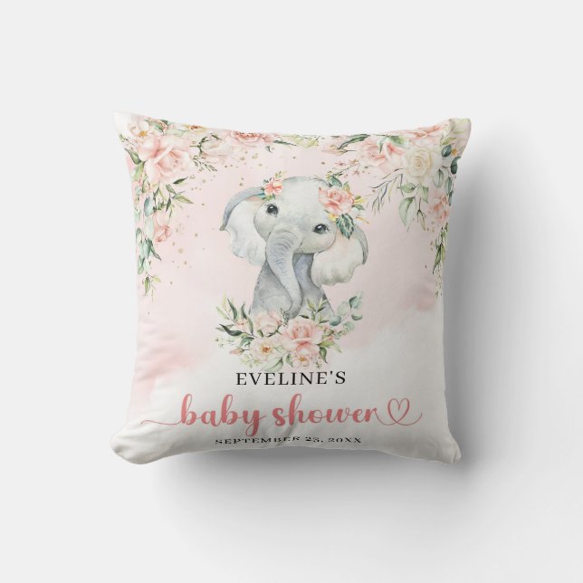 Whimsical baby elephant blush floral eucalyptus throw pillow (Front)