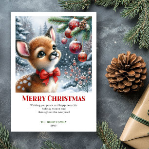 Whimsical Baby Fawn Snowy Forest Watercolor Xmas Holiday Card