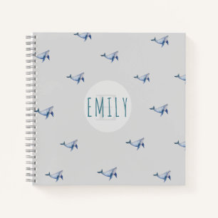 Whimsical baby girl watercolour whale monogram  notebook