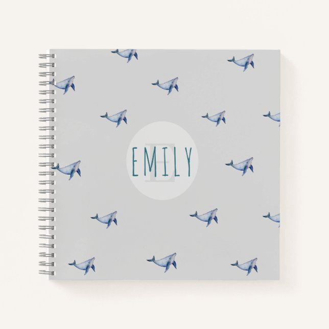 Whimsical baby girl watercolour whale monogram  notebook (Front)