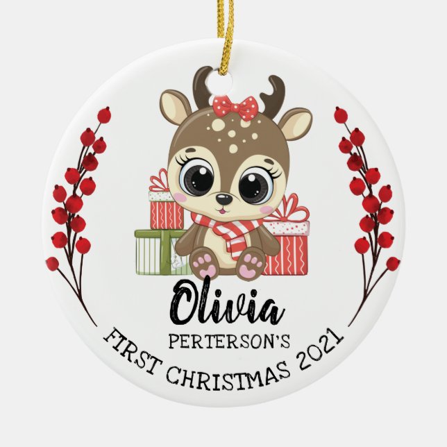 Whimsical Baby Moose Baby's 1st Christmas Ceramic Ornament (Front)