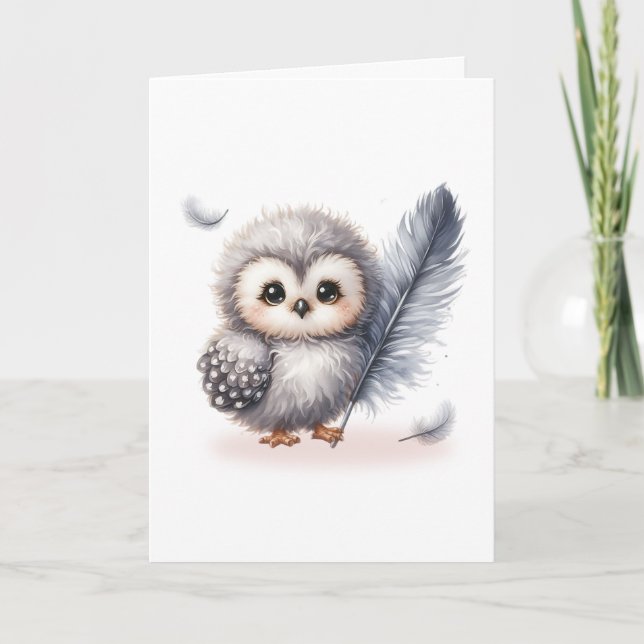 Whimsical Baby Owl with Falling Feathers Blank Card (Front)