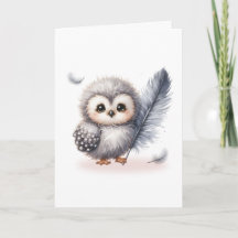 Whimsical Baby Owl with Falling Feathers Blank
