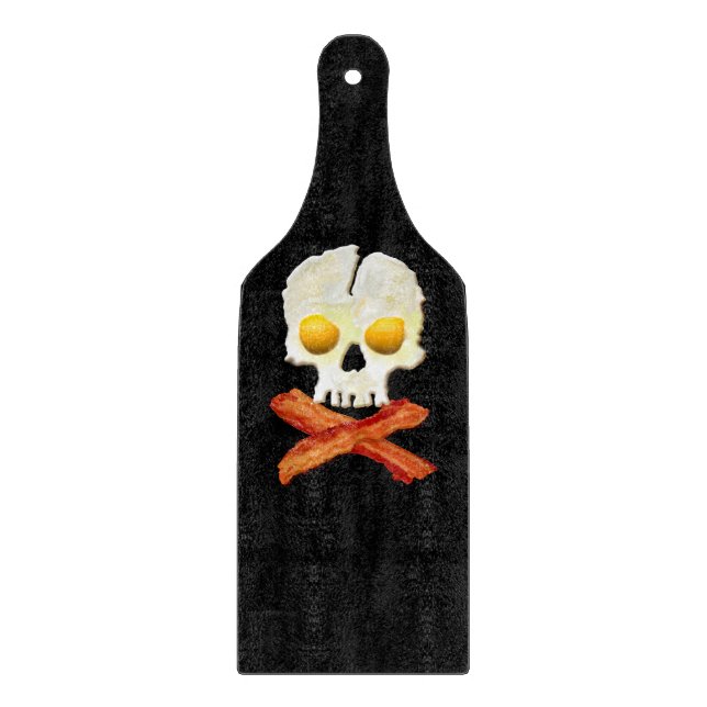 Whimsical Bacon Crossbones Eggs Skull Cutting Board (Front)