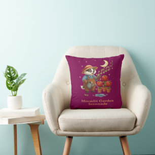 Whimsical Badger Gardener Moonlit Garden Serenade Throw Pillow