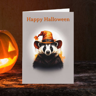 Whimsical Badger Orange Witch Hat Halloween Card