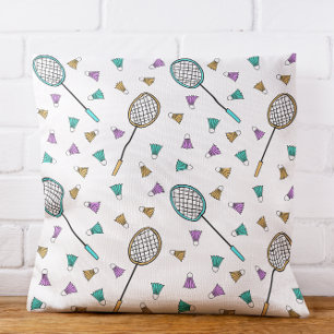 Whimsical Badminton Hand-Drawn Racquets Birdies Throw Pillow