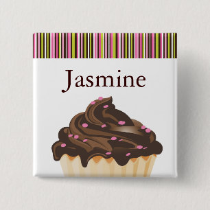 WHIMSICAL BAKERY CUPCAKE NAME TAG 2 INCH SQUARE BUTTON