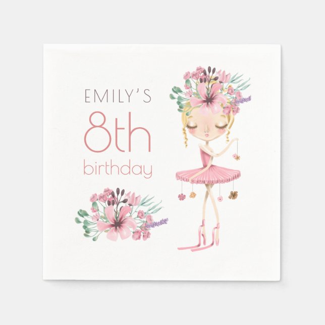 Whimsical Ballerina Floral 8th Birthday Party Girl Napkin (Front)