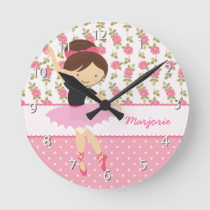 Whimsical Ballerina Floral Pink Girly Personalized Round Clock