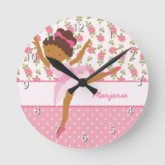 Whimsical Ballerina Girly Floral Pink Personalized Round Clock (Front)