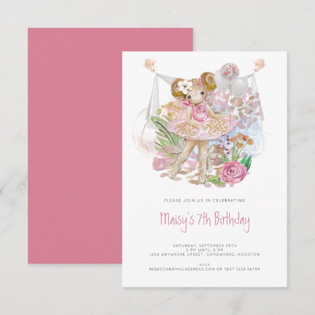 Whimsical Ballerina Pink Girl 7th Birthday Party Invitation (Front/Back)