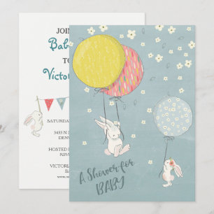 Whimsical Balloon Bunny Rabbits Baby Shower Invitation