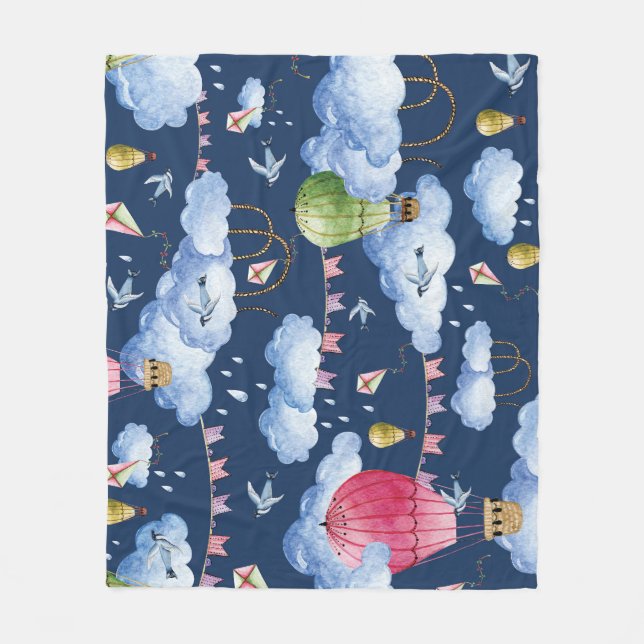 Whimsical Balloons: Watercolor Cloud Pattern Fleece Blanket (Front)