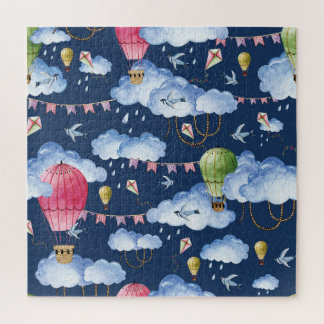Whimsical Balloons: Watercolor Cloud Pattern Jigsaw Puzzle