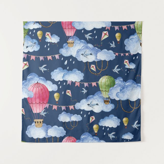 Whimsical Balloons: Watercolor Cloud Pattern Tapestry (Front)