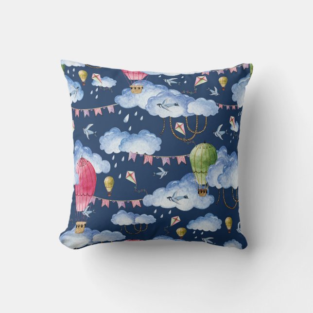 Whimsical Balloons: Watercolor Cloud Pattern Throw Pillow (Front)