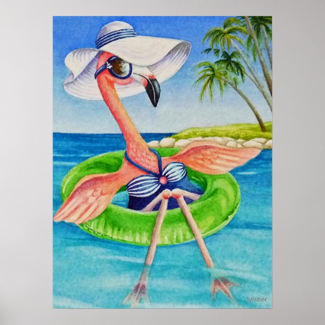Whimsical Beach Babe Flamingo 3 Watercolor 18x24 Poster (Front)