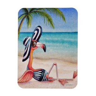 Whimsical Beach Babe Flamingo No. 1 Watercolor Art Magnet