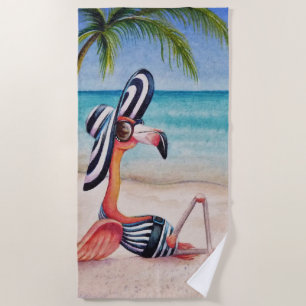 Whimsical Beach Babe Flamingo No. 1 Watercolor Art Towel