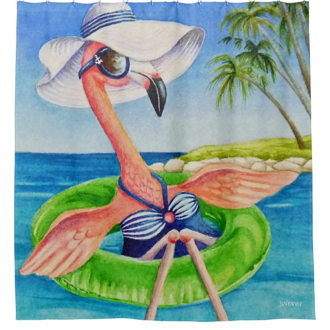 Whimsical Beach Babe Flamingo No. 3 Watercolor Art (Front)
