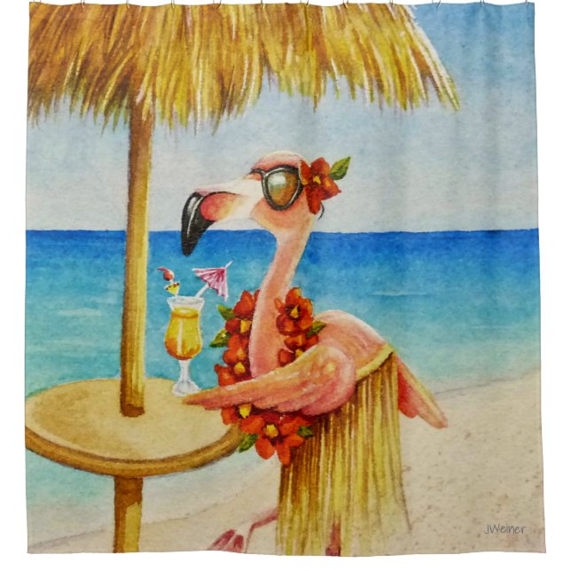 Whimsical Beach Babe Flamingo No. 4 Watercolor Art (Front)