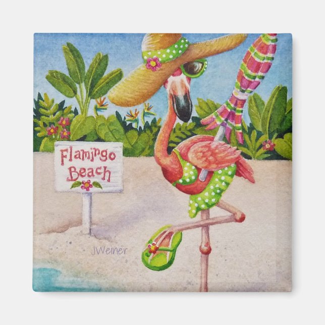 Whimsical Beach Babe Pink Flamingo No. 2 Magnet (Front)