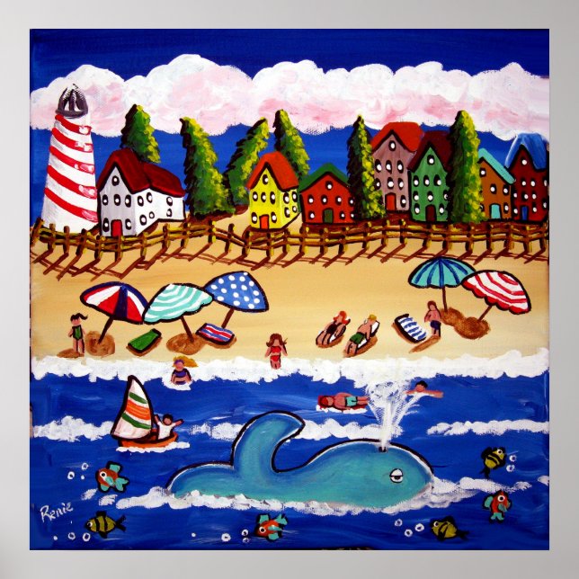 Whimsical Beach Cape Cod Whale Folk Art Poster (Devant)