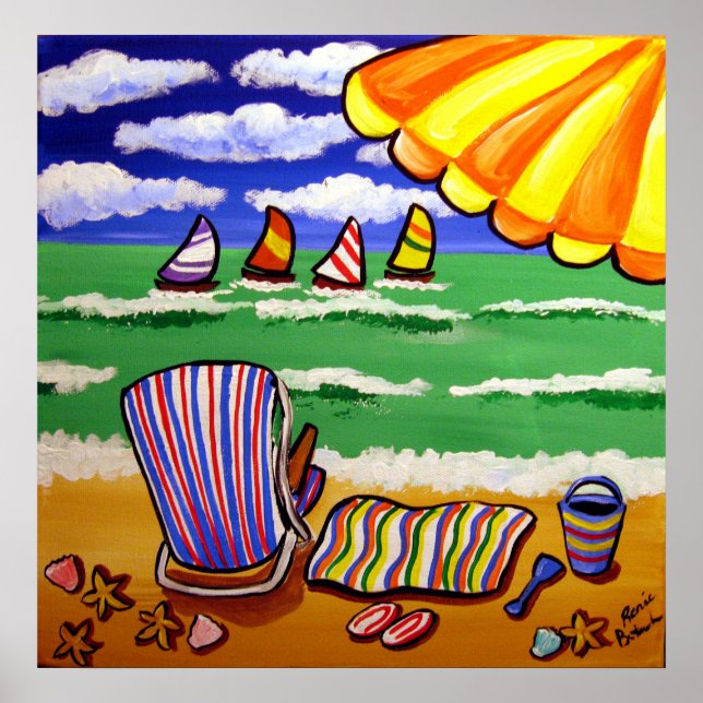 Whimsical Beach Umbrella Chair Folk Art Poster (Devant)