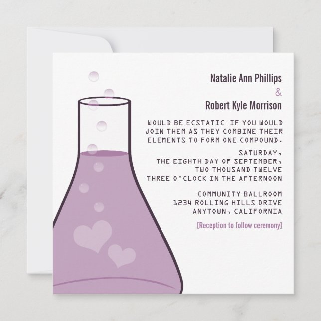 Whimsical Beaker Wedding Invite, Purple Invitation (Front)