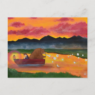 Whimsical Bear and Boy Sunset Art Postcard
