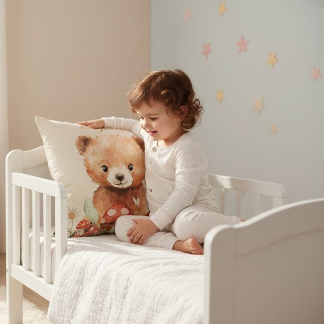 Whimsical Bear Mushroom Watercolor Childrens Room  Throw Pillow (Creator Uploaded)