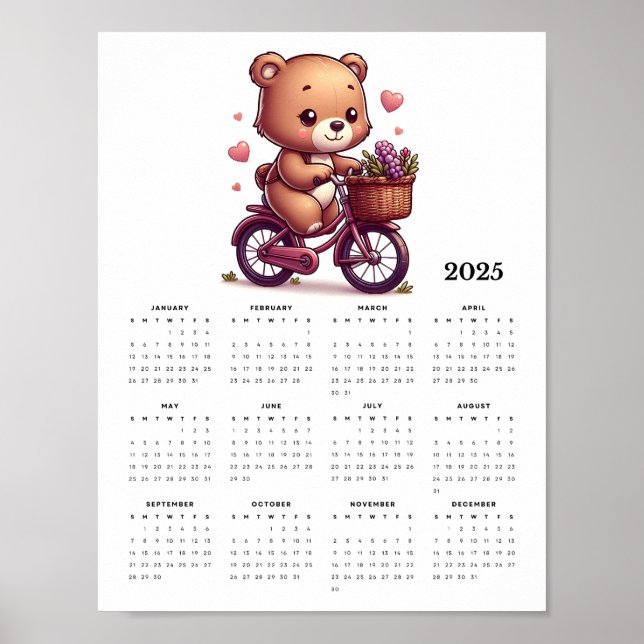 Whimsical Bear Riding a Bicycle 2025 Wall Calendar Poster (Front)