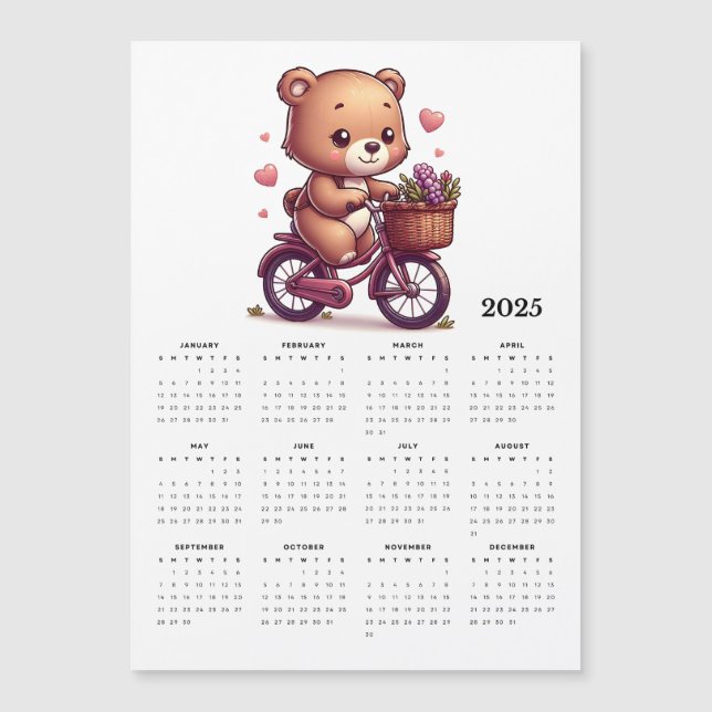 Whimsical Bear Riding Bicycle 2025 Magnet Calendar (Front)
