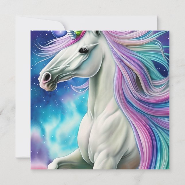 Whimsical Beautiful White Unicorn Horse with Flowi Card (Front)