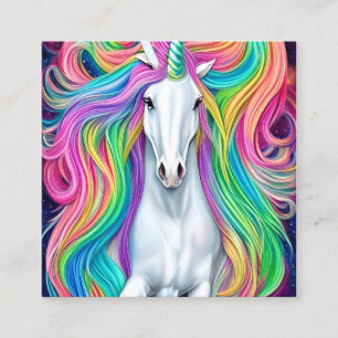Whimsical Beautiful White Unicorn Horse with Flowi Square Business Card