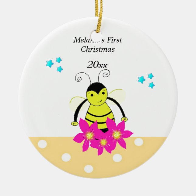 Whimsical Bee Baby's First Christmas Ceramic Ornament (Front)