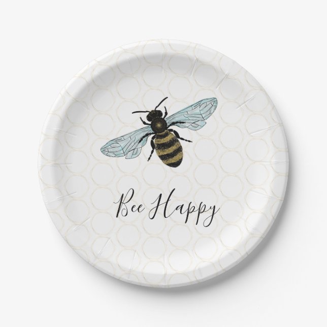 Whimsical Bee Happy Gold Honeycomb Paper Plate (Front)