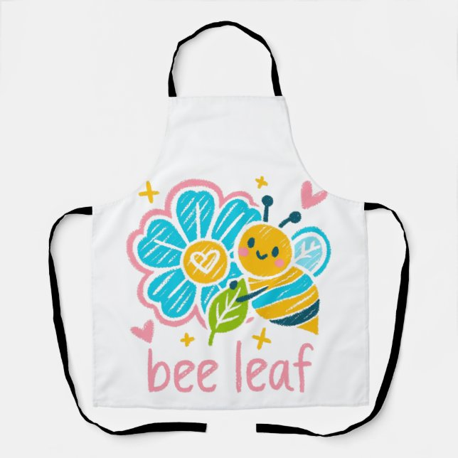 Whimsical 'Bee Leaf' Crayon Art: Garden Lovers Apron (Front)